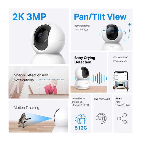 TP-Link Tapo TC71 Camara de Vigilancia 2K Wi-Fi - Rotacion 360º - Vision Nocturna - Deteccion de Movimiento y Notificaciones - Alarma de Luz y Sonido - Audio Bidireccional - Imagen 4
