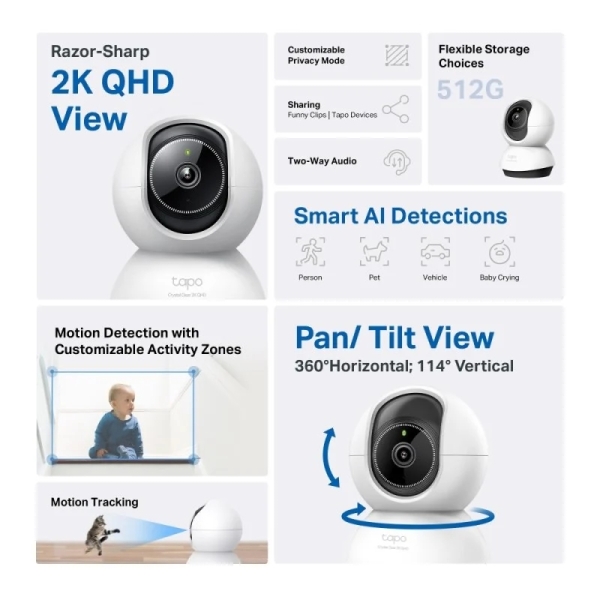 TP-Link TC72 Camara de Seguridad WiFi 2K QHD 4MP 360º - Vision Nocturna - Deteccion y Notificaciones Inteligentes de IA - Alarma de Luz y Sonido - Audio Bidireccional - Imagen 2