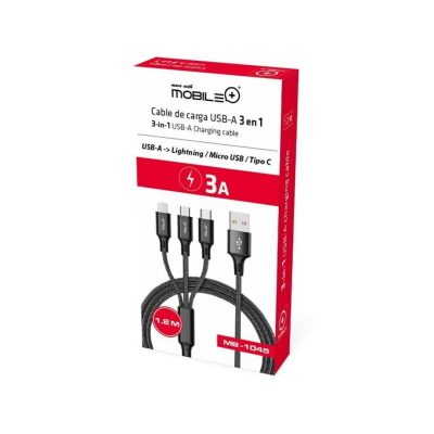 Cable de Carga Nylon . 3 en 1 USB-A a Lightning, Micro USB y Tipo-C. MB-1045 Mobile+