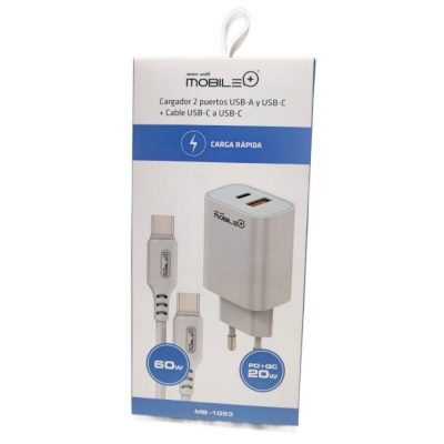 Cargador 2 Puertos USB-A y USB-C + Cable USB-C a USB-C 60W