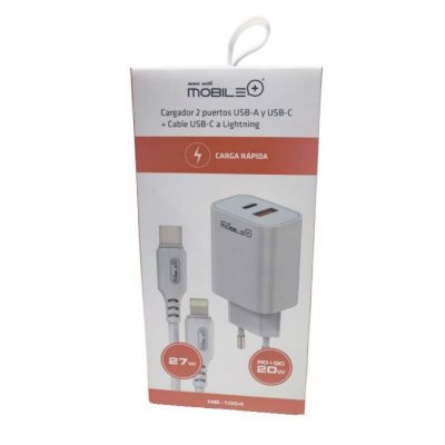 Cargador 2 Puertos USB-A y USB-C + Cable USB-C a Lightning (20W)