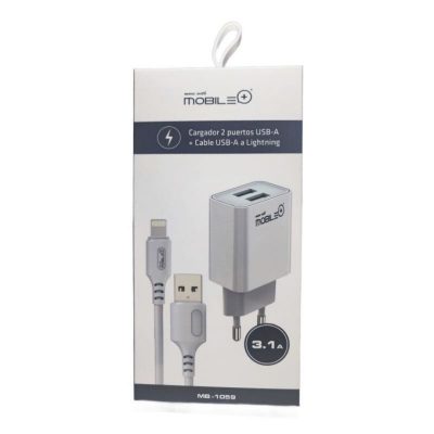 CARGADOR 2 PUERTOS USB-A + CABLE USB-A A LIGHTNING