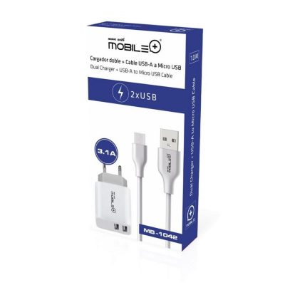 CARGADOR DE PARED DOBLE SALIDA USB Y CABLE USB A MICRO USB MB-1042