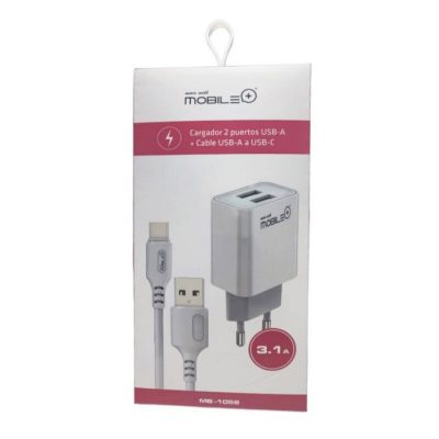 Cargador Doble USB-A + Cable USB-C (3A, 1m)