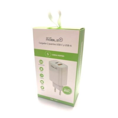 Cargador Rápido 20W con 2 Puertos USB-C y USB-A (PD+QC)