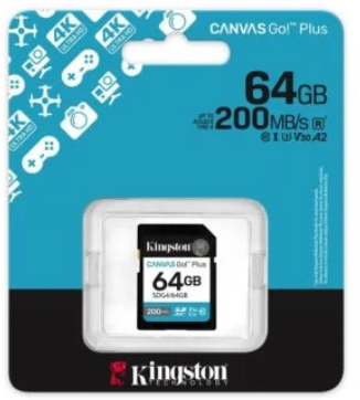 Tarjeta SD Kingston Canvas Go! Plus 64GB Clase 10 UHS-I U3 V30 200MB/s Negra
