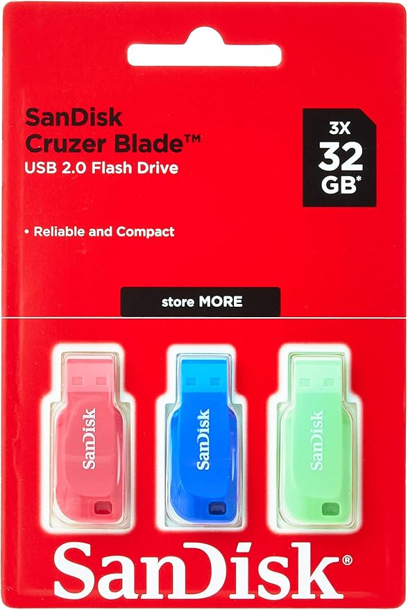 Memoria USB SanDisk Cruzer Blade de 32 GB, azul, rosa y verde, 3 unidades (paquete de 1)
