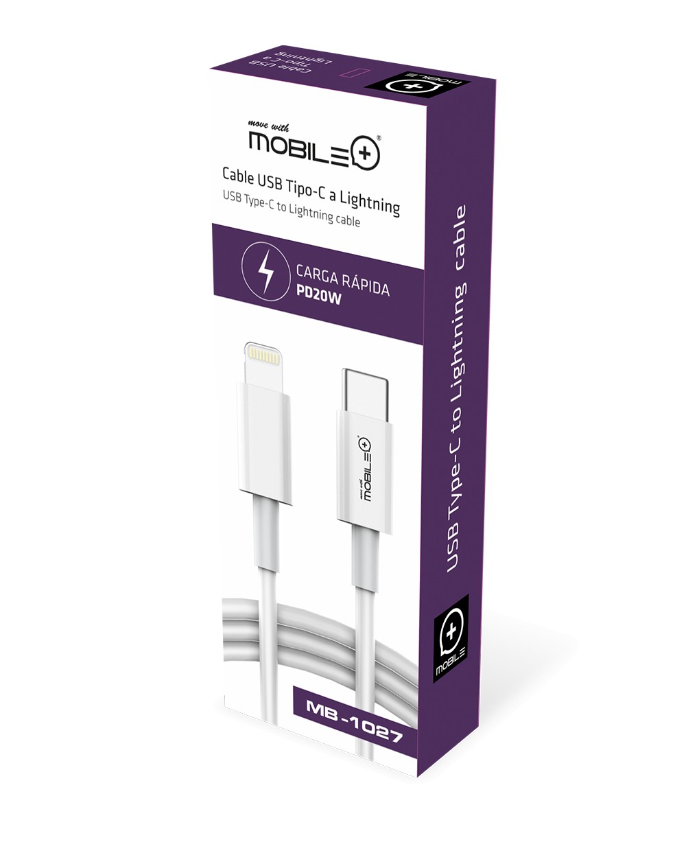 Cable USB Tipo-C a Lightning, longitud cable: 1 m. Carga Rápida PD20W. MOBILE+ MB-1027