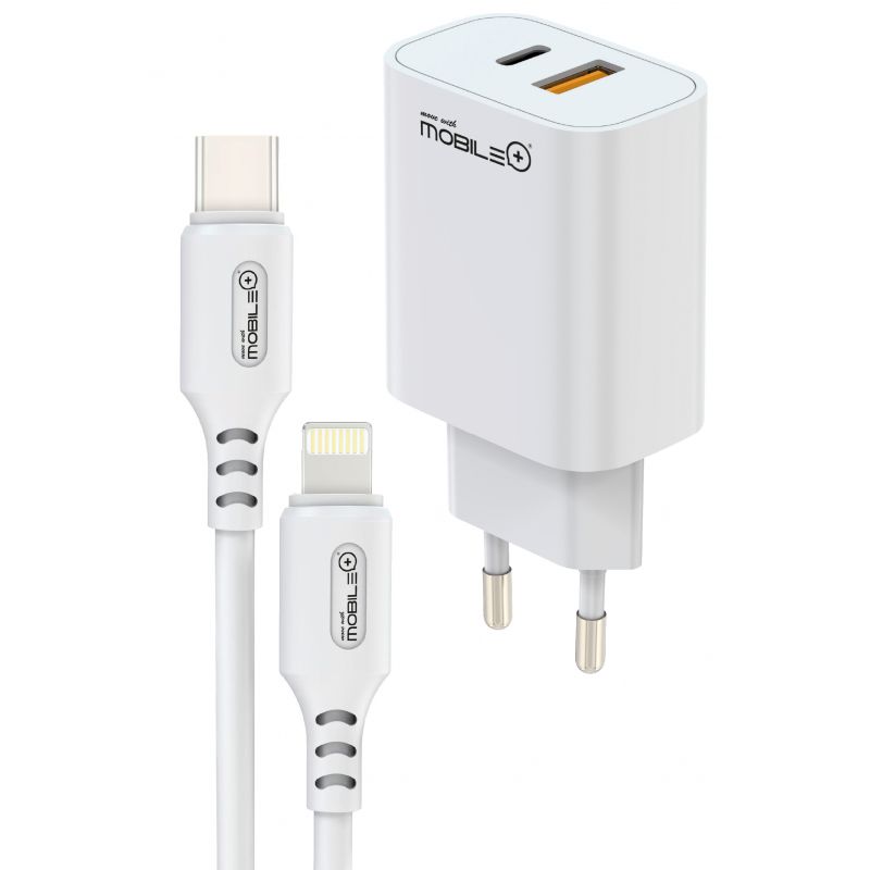 Cargador rápido PD+QC 20W, 2 puertos USB-A Y USB-C + CABLE USB-C A LIGHTNING. MOBILE+ MB-1054