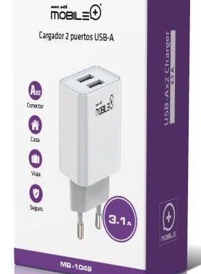 Cargador 2 puertos USB-A, 3.1A. MOBILE+ MB-1049